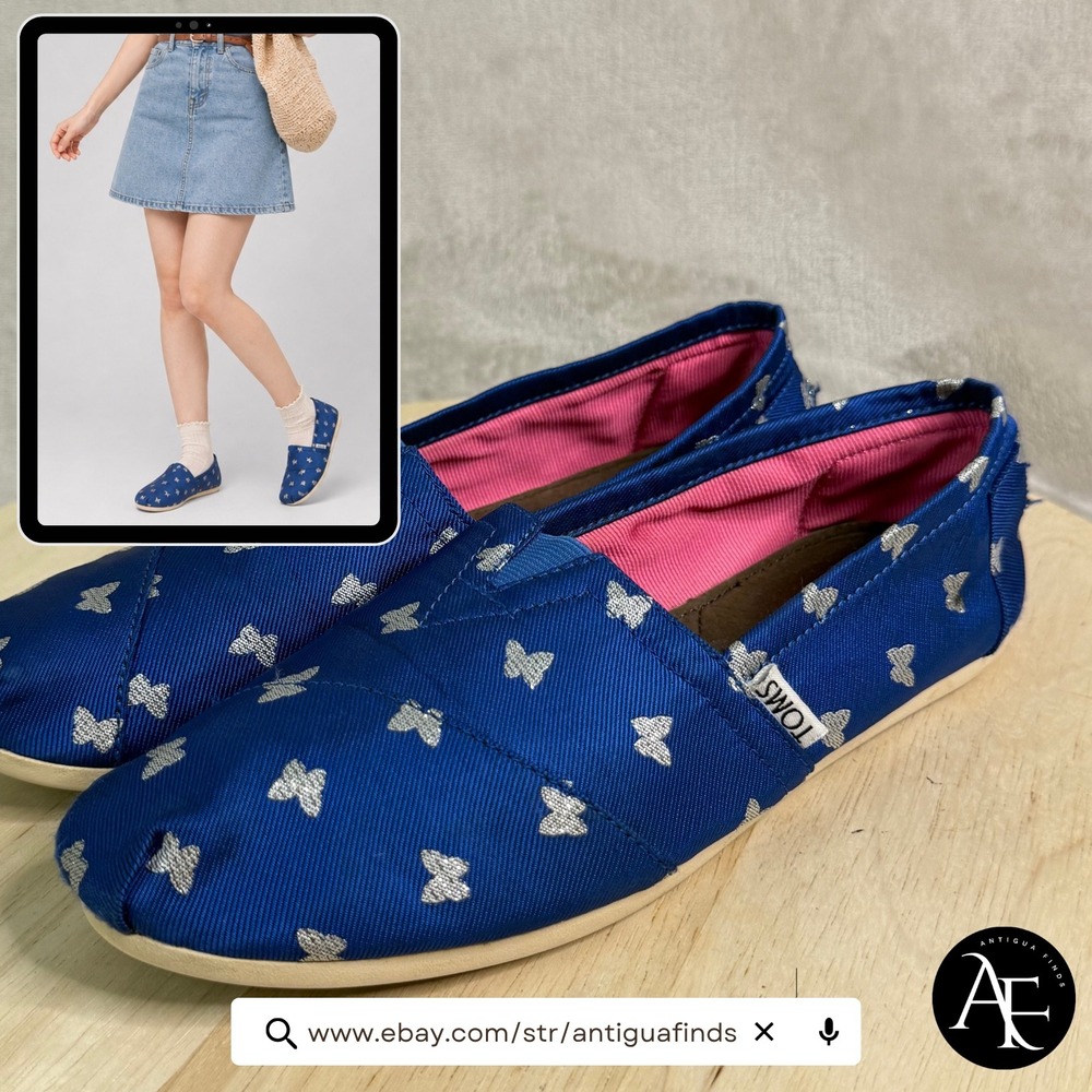 TOMS Alpargata Blue Silver Metallic Butterfly Print Slip On Shoes Womens 7.5‎